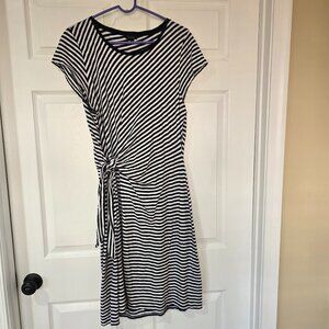 Talbots Wrap Tie Dress Navy White Stripes‎ Cap Sleeves Round Neck Cotton Size XL